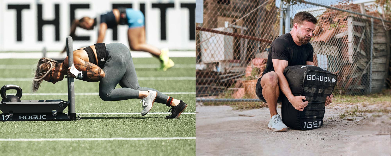 Left: Woman pushing weighted sled on field. Right: Man lifting heavy sandbag outdoors.