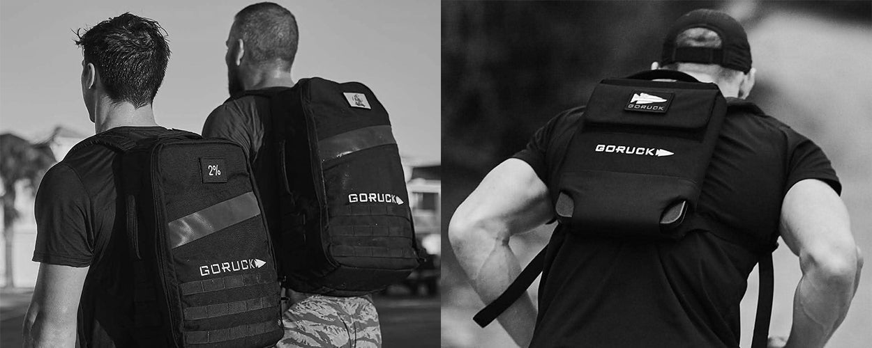 Two people walk with backpacks; another person jogs with a backpack. All backpacks are branded