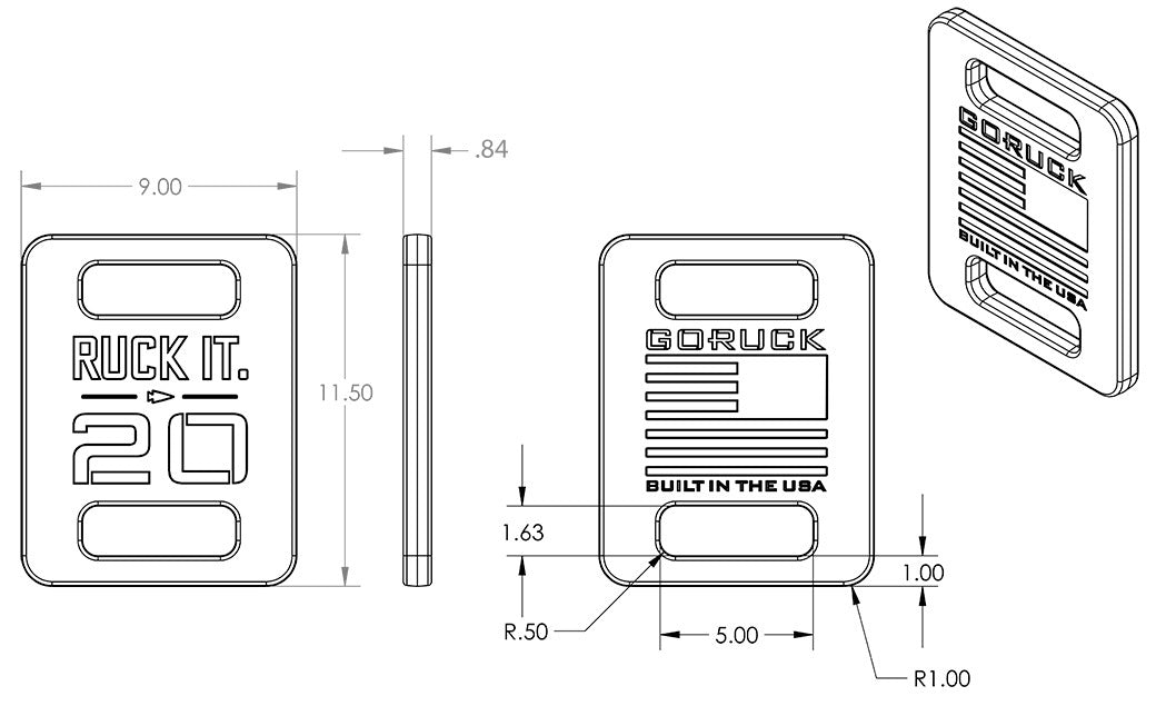 Technical drawing of a rectangular GORUCK weight plate with dimensions and engraved text details.