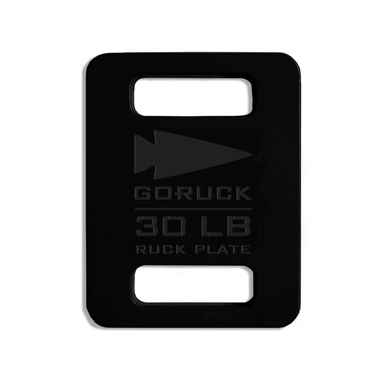Black 30 lb GORUCK ruck plate with two rectangular handles and embossed logo on a white background.