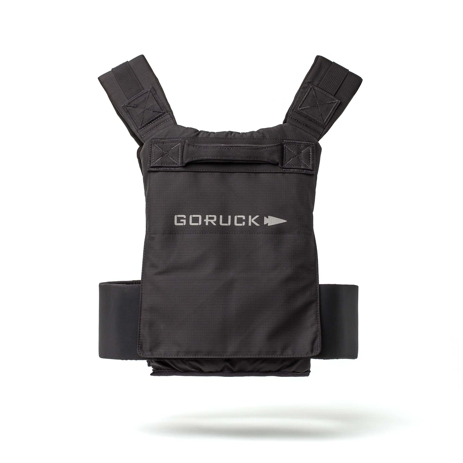 Black Achilles Vest with wide shoulder straps and a front logo, designed for rugged performance, isolated on a white background.