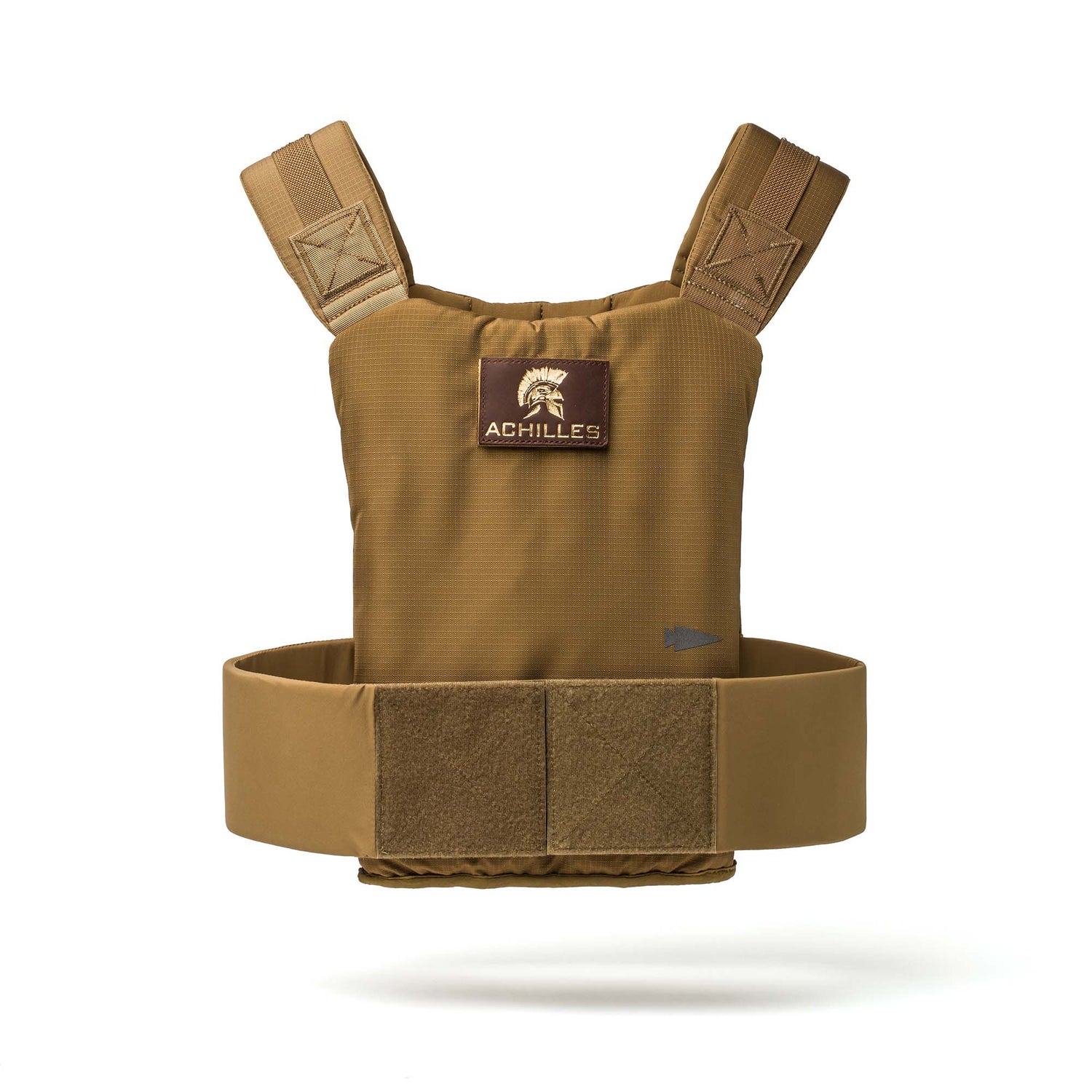 Tan Achilles Vest for men featuring padded shoulder straps and a front patch labeled