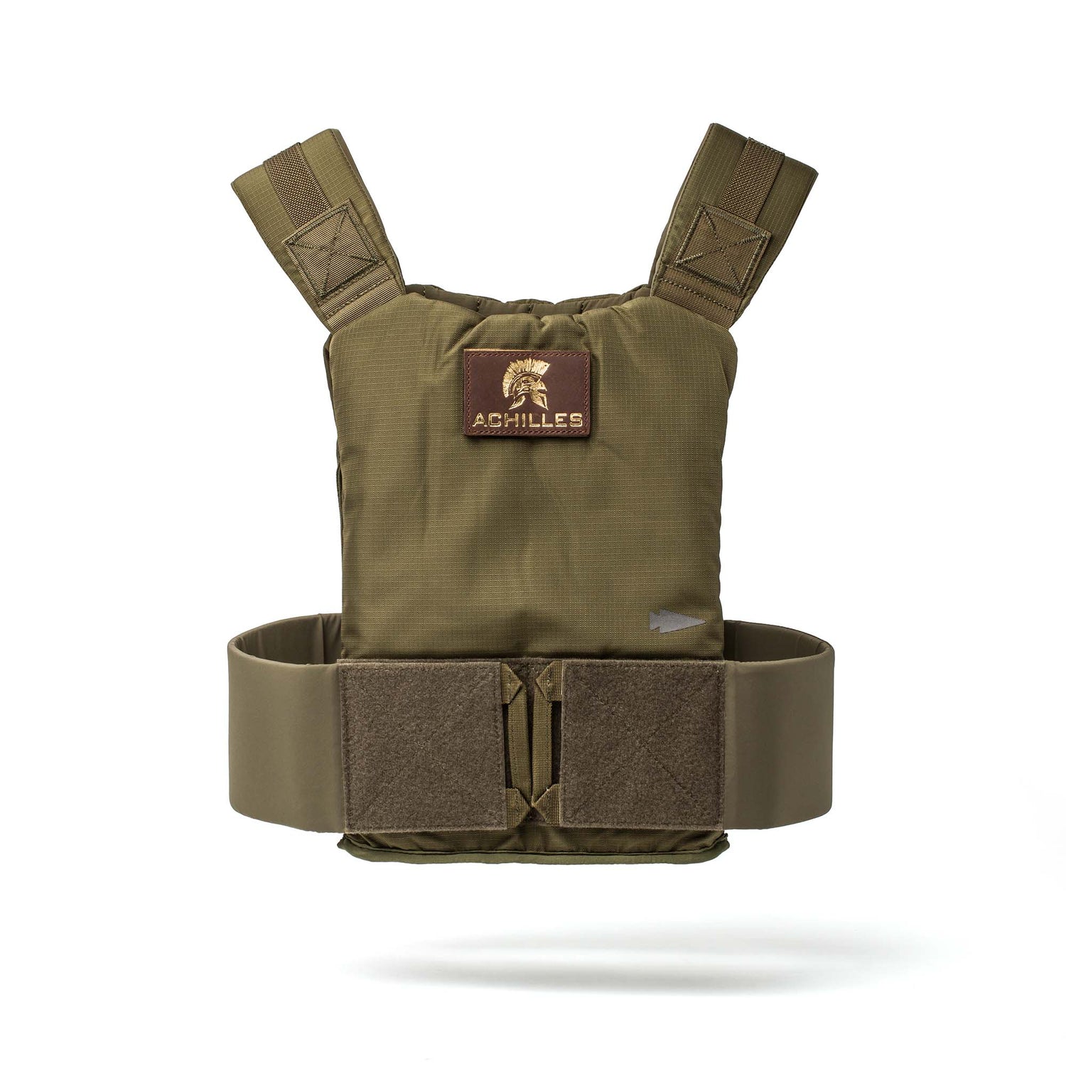 The Achilles Vest is a premium men's olive green vest featuring shoulder straps and an