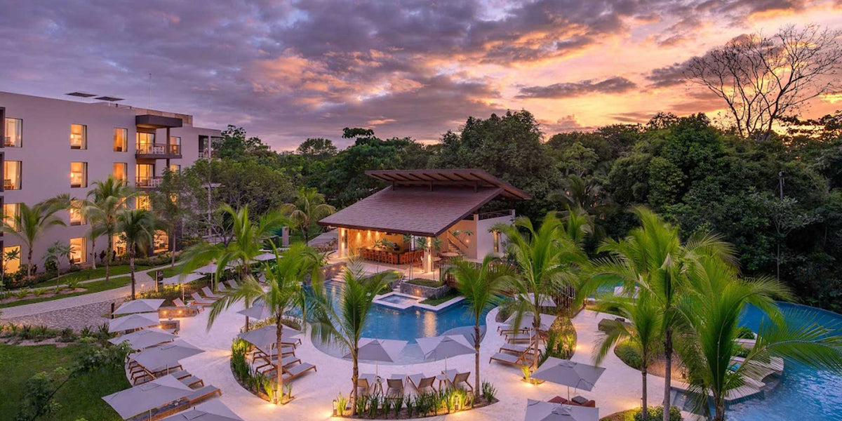 A tropical resort pool area with palm trees and lounge chairs at sunset, surrounded by lush greenery.