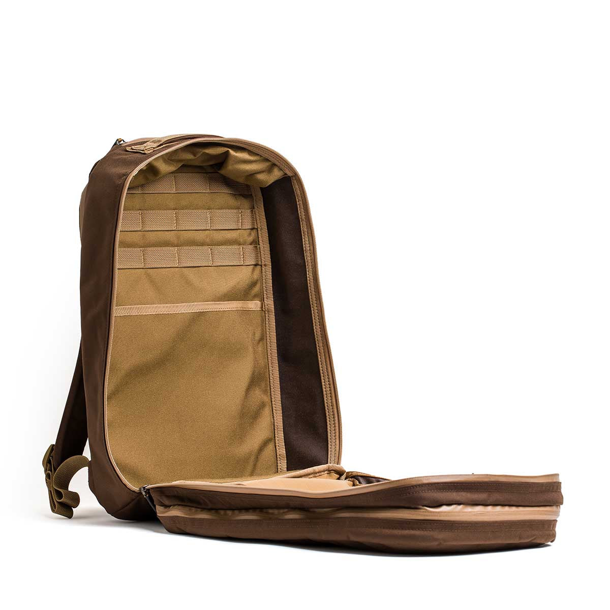 GORUCK brown Cordura backpack open to show two compartments and interior organizer pockets