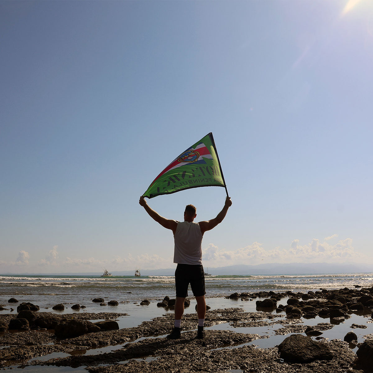 A person stands on a rocky beach holding a colorful flag, facing the ocean under a clear sky.