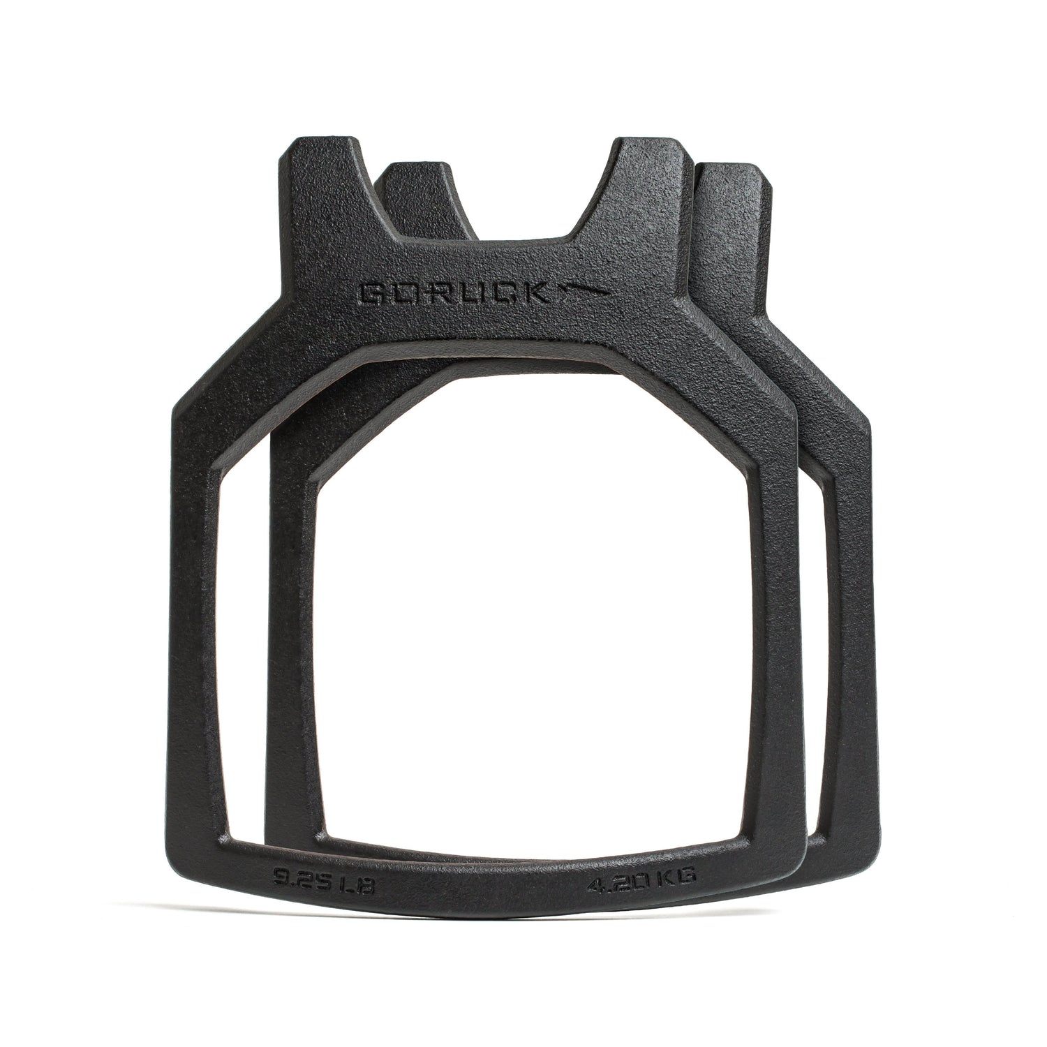 GORUCK chest plate pair 9.25LB black steel ruck training weights on white background