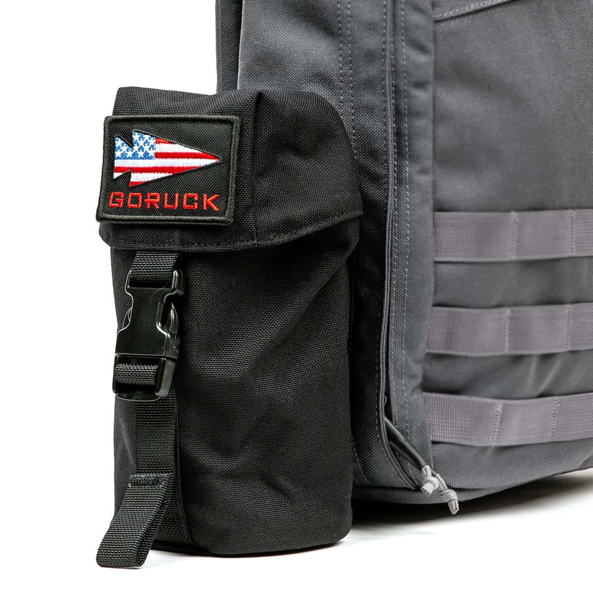 Close-up of a gray backpack with a black side pouch showcasing a