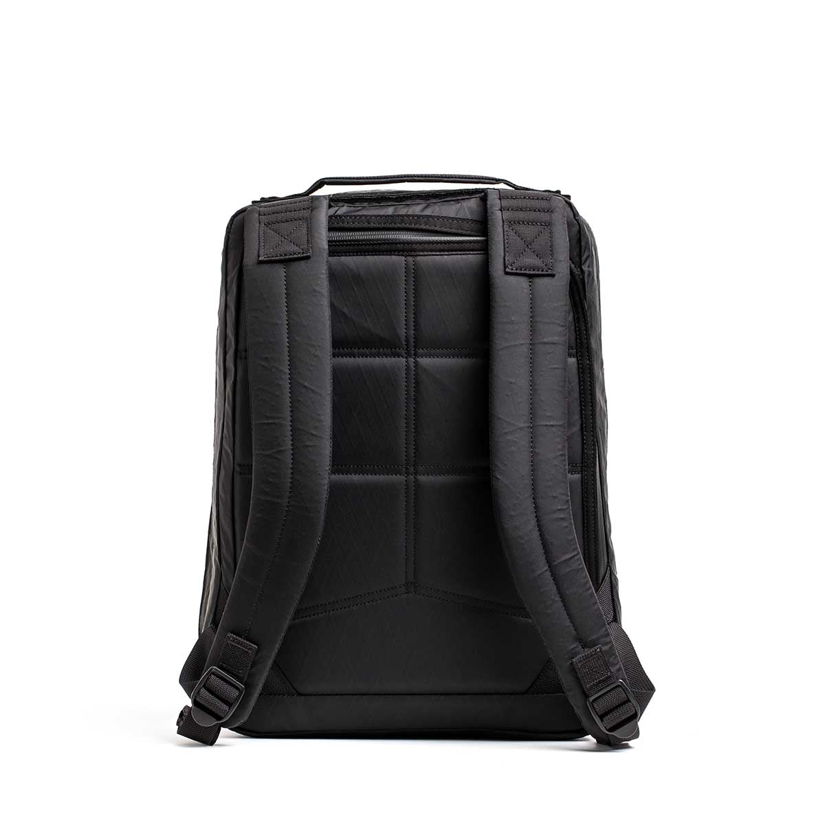 GORUCK black rucksack backpack, padded straps, rugged design, shown from back, white background