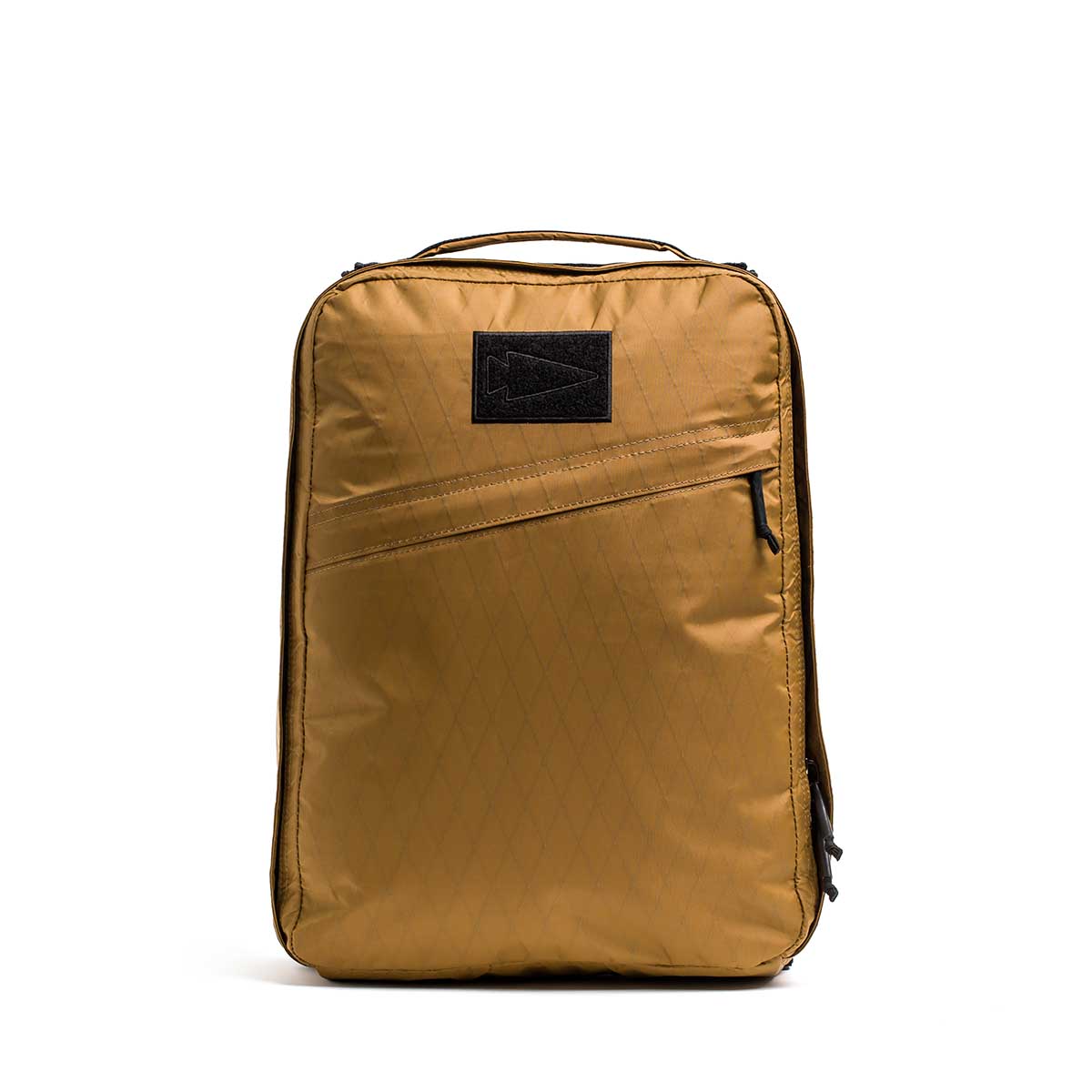 GORUCK rucksack in coyote brown color, durable XPAC fabric, front zipper pocket, arrowhead patch