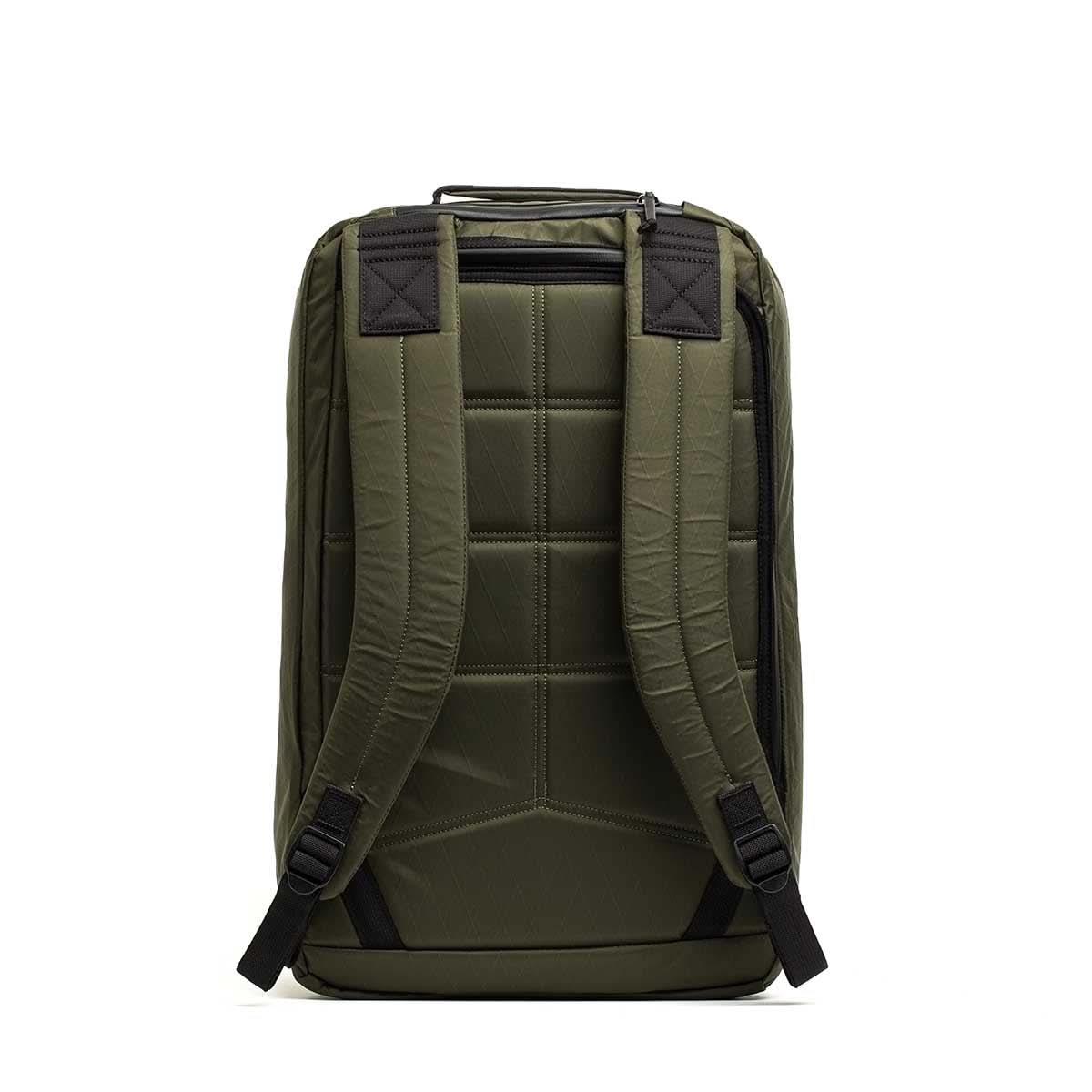 GORUCK GR2 34L rucksack in dark green with padded straps and rear stash pocket, back view