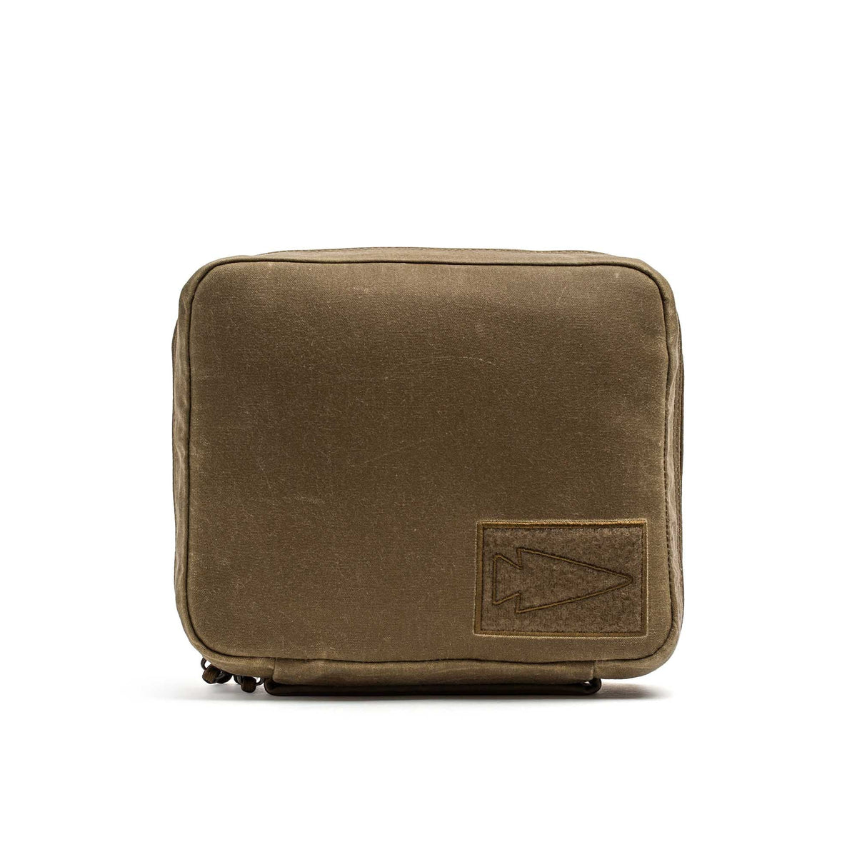 The GORUCK GR2 Field Pocket – Waxed Canvas is an olive green square pouch featuring a stitched arrowhead logo patch on the lower right corner, crafted in the style of a classic waxed canvas field pocket.