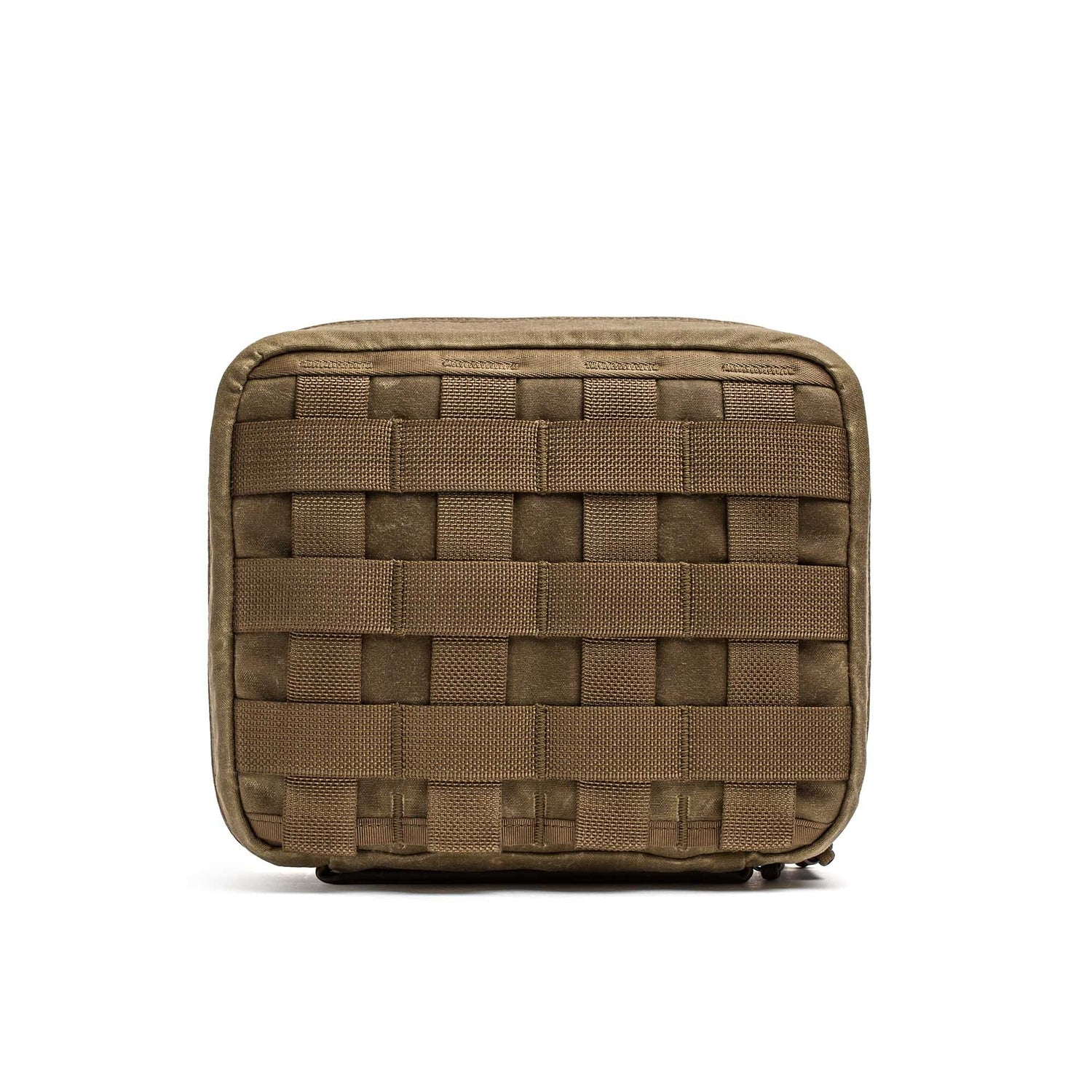 The GORUCK GR2 Field Pocket - Waxed Canvas is a square, tan tactical pouch featuring a woven, grid-like MOLLE webbing pattern on the front, reminiscent of a classic field pocket, and is photographed against a plain white background.