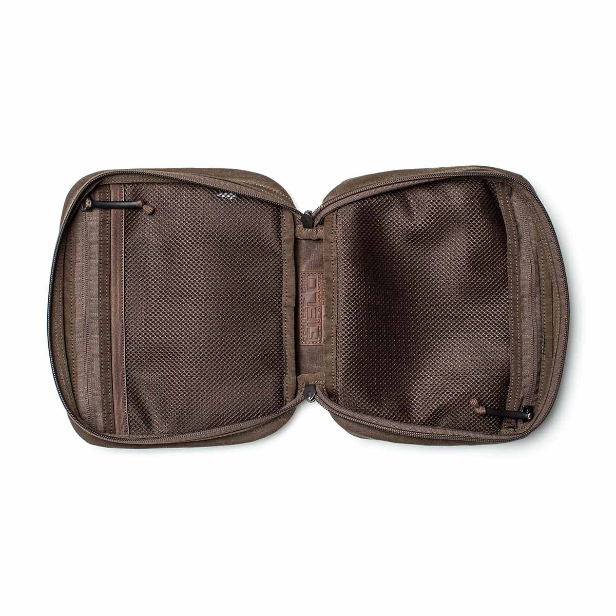 GORUCK Field Pocket Heritage Dark Oak open organizer pouch with mesh zippered compartments
