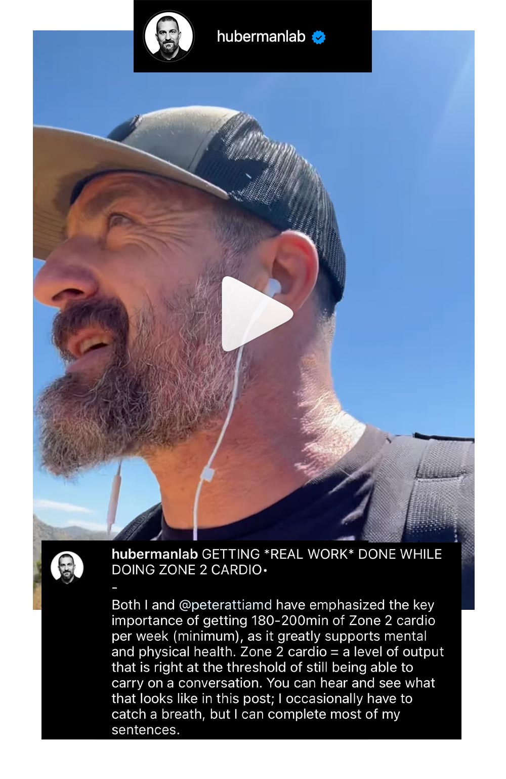 A bearded man wearing a cap and backpack walks outside with earbuds, talking about Zone 2 cardio.