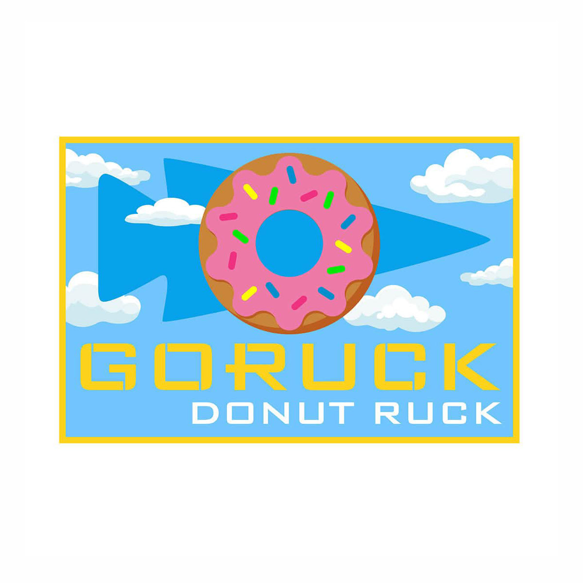 The Patch - Donut Ruck by GORUCK-DEMO features a pink frosted donut logo inspired by classic yeast donuts, set against a cloud-filled blue sky.