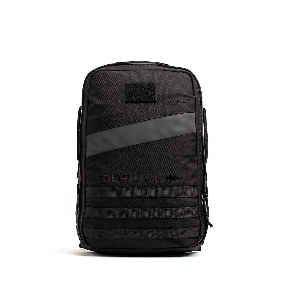 The GORUCK Rucker 4.0 backpack in black boasts a sleek design with MOLLE webbing and a front patch area, making it ideal for rucking adventures.