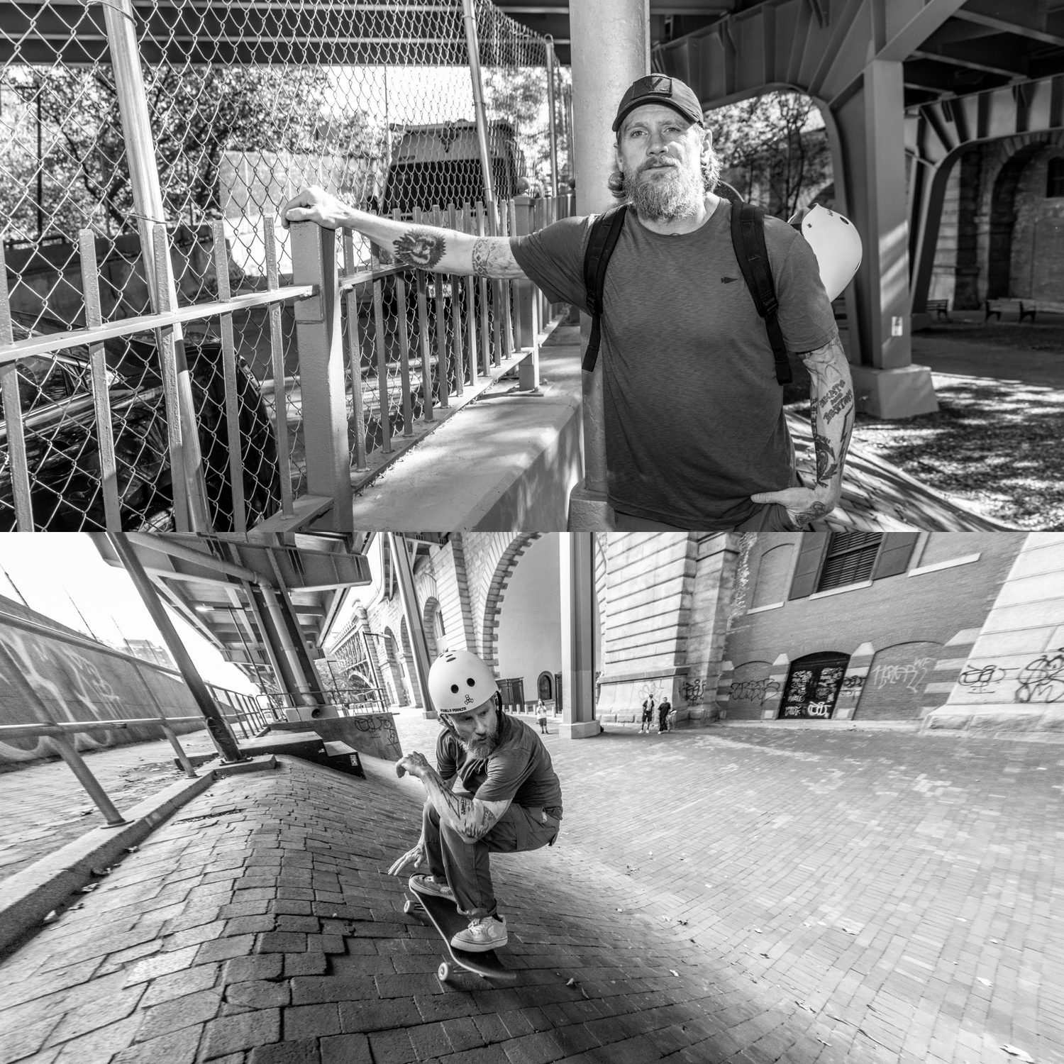 Split image: man with tattoos stands by a fence; below, he skateboards on a brick path under a bridge.