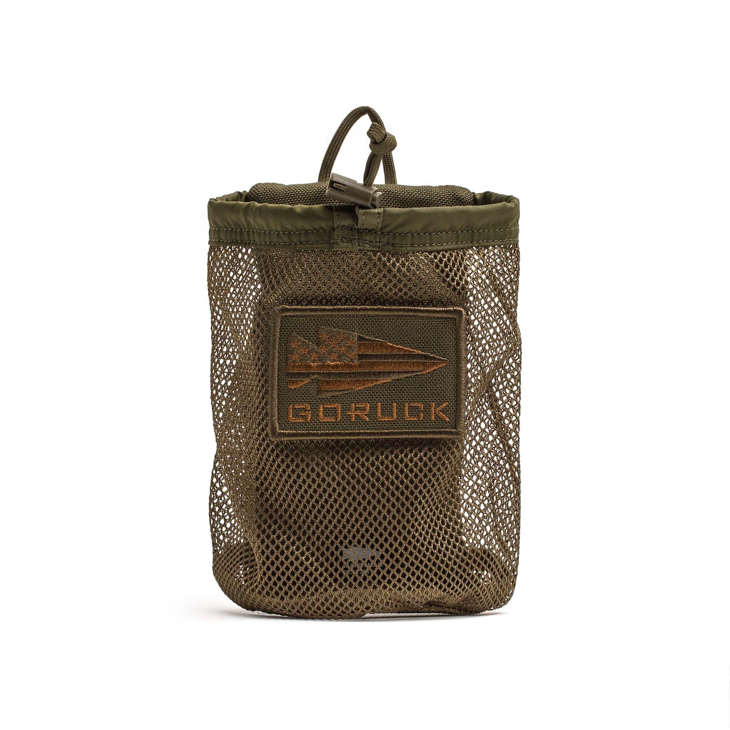The GORUCK Mesh Water Bottle Pocket stands upright on a white background, featuring an olive mesh design with a GORUCK patch and drawstring closure—a versatile ruck accessory that serves as a lightweight alternative to traditional Cordura bottle pouches or MOLLE water bottle holders.