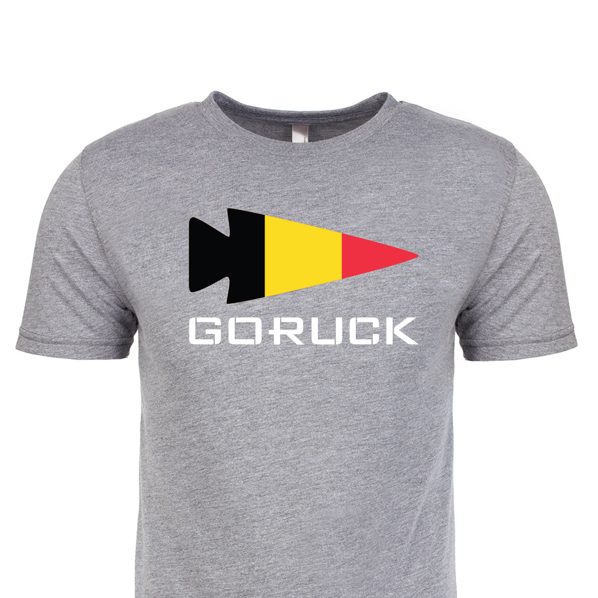 Gray premium tri-blend T-shirt from GORUCK EU, featuring a black, yellow, and red arrow shape above the text
