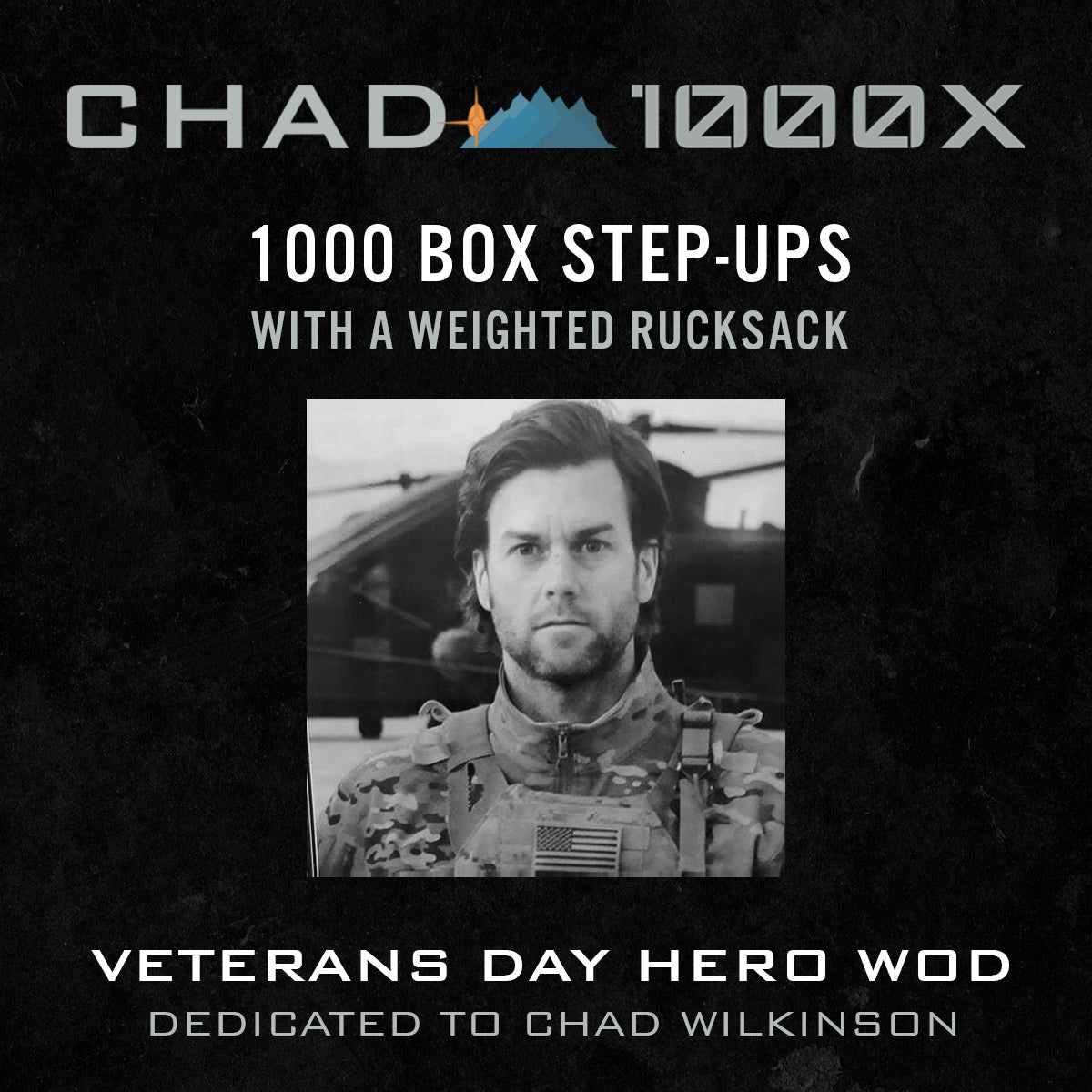 A man in military uniform stands in front of a helicopter; text promotes a Veterans Day workout challenge.