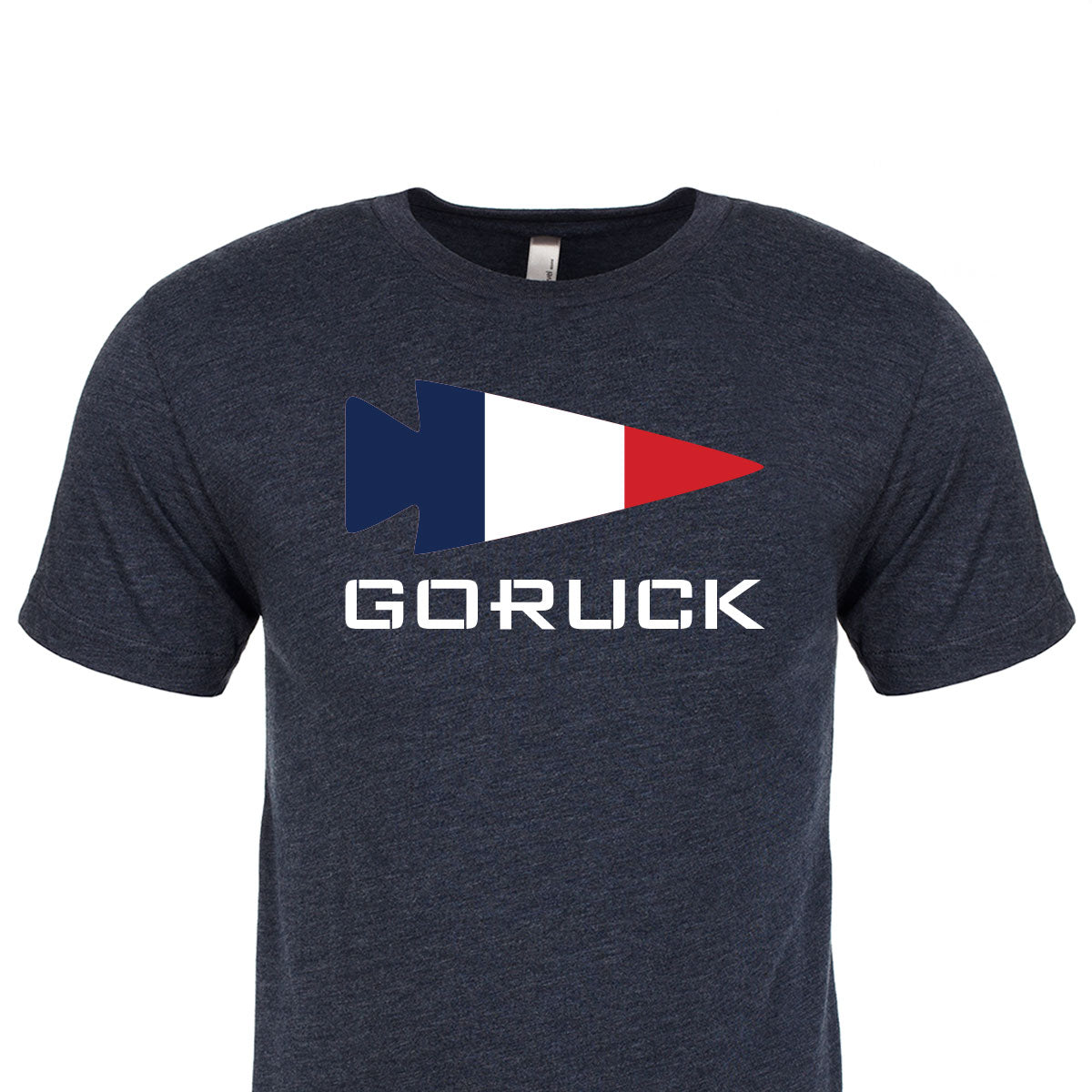 Introducing the Rep Your Country t-shirt from GORUCK EU, a premium tri-blend in dark gray adorned with a tricolor arrow logo and the elegantly displayed word