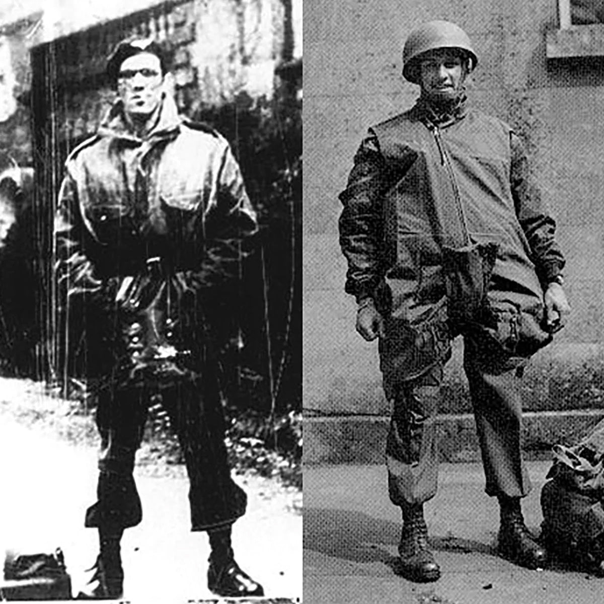 Two men in vintage military uniforms stand side by side, facing the camera in black and white photos.