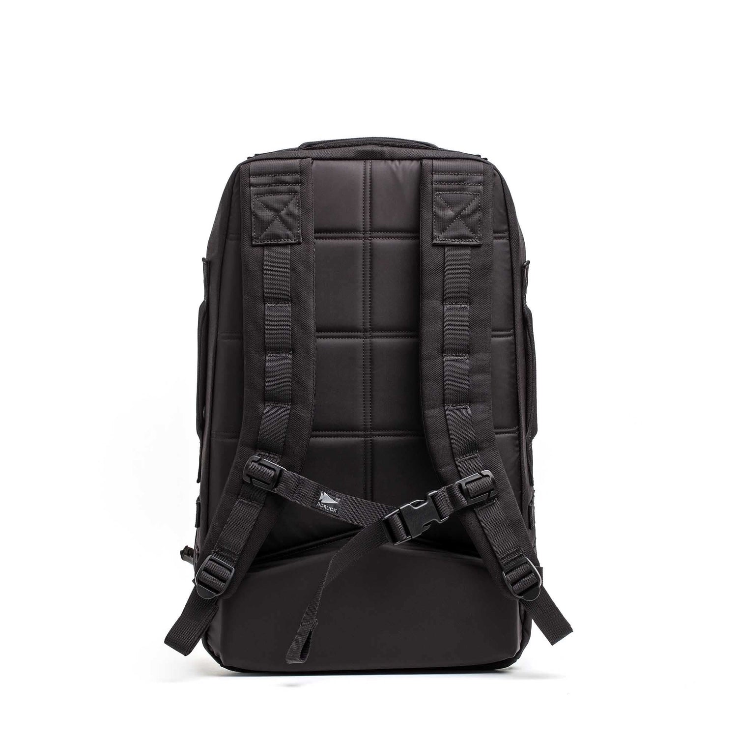 The Rucker 5.0 is shown from the back, featuring padded shoulder straps and a chest buckle—ideal for rucking or everyday carry.