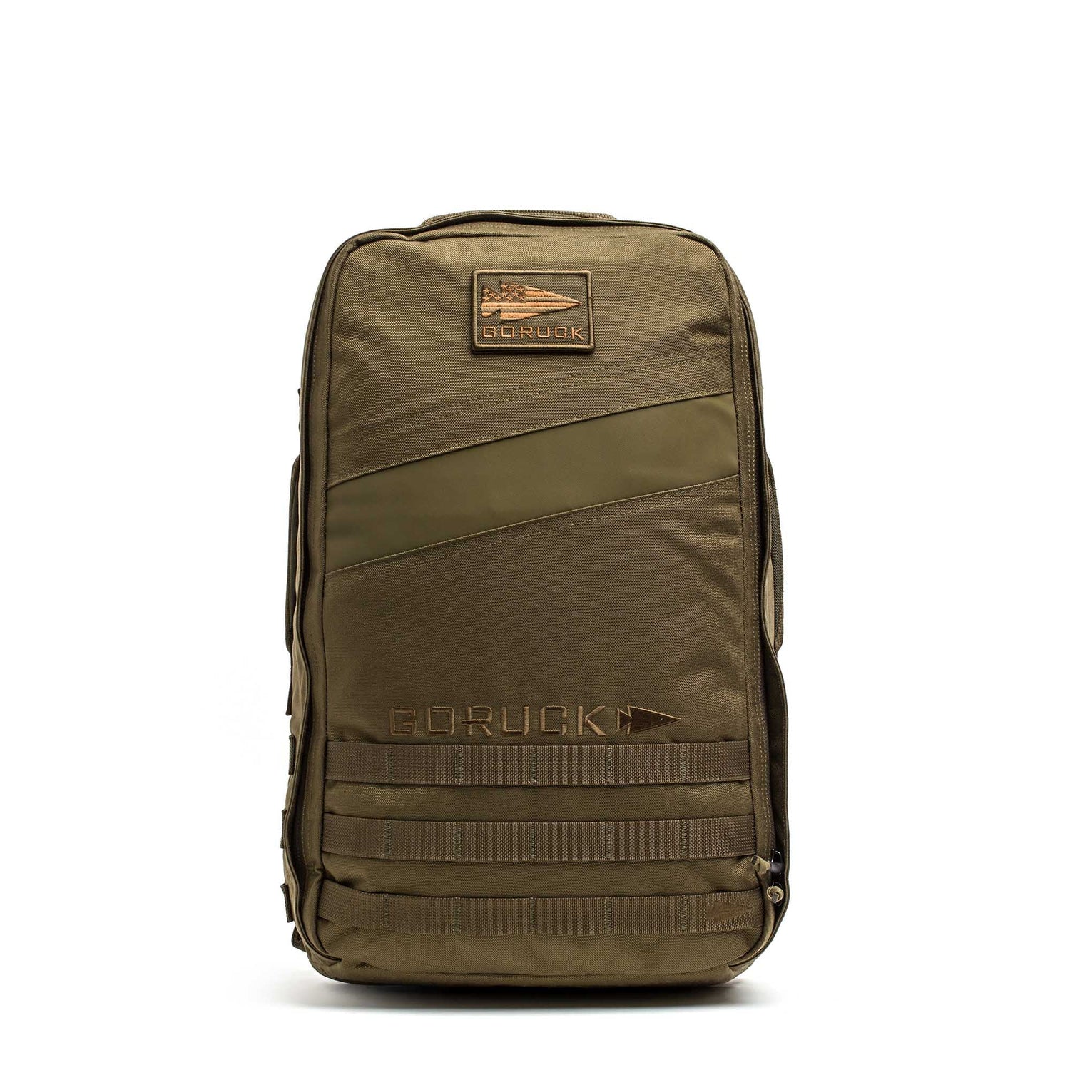 The Rucker 5.0 is an olive green tactical rucksack featuring multiple compartments, MOLLE webbing, and a GORUCK patch—ideal for rucking and compatible with ruck plates.