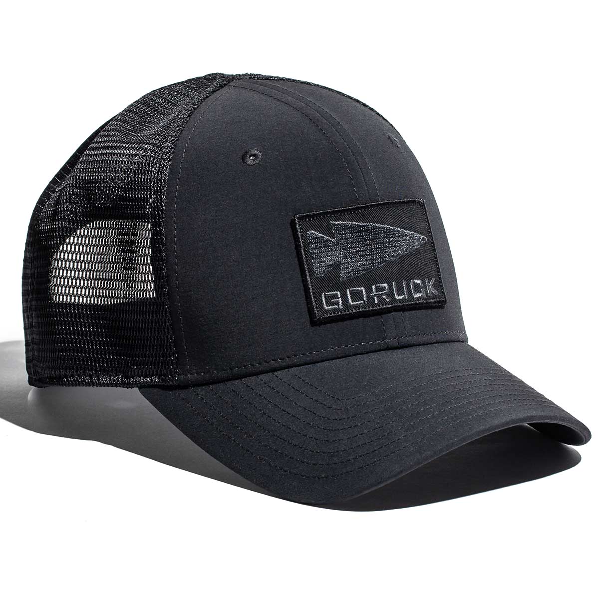 The Performance Trucker Hat - GORUCK Spearhead is a black mesh cap showcasing the