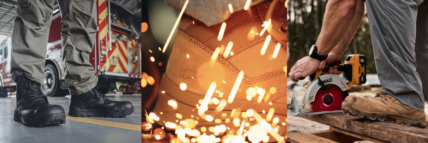 Series of images showing rugged boots in various work environments: fire station, welding sparks, woodworking.