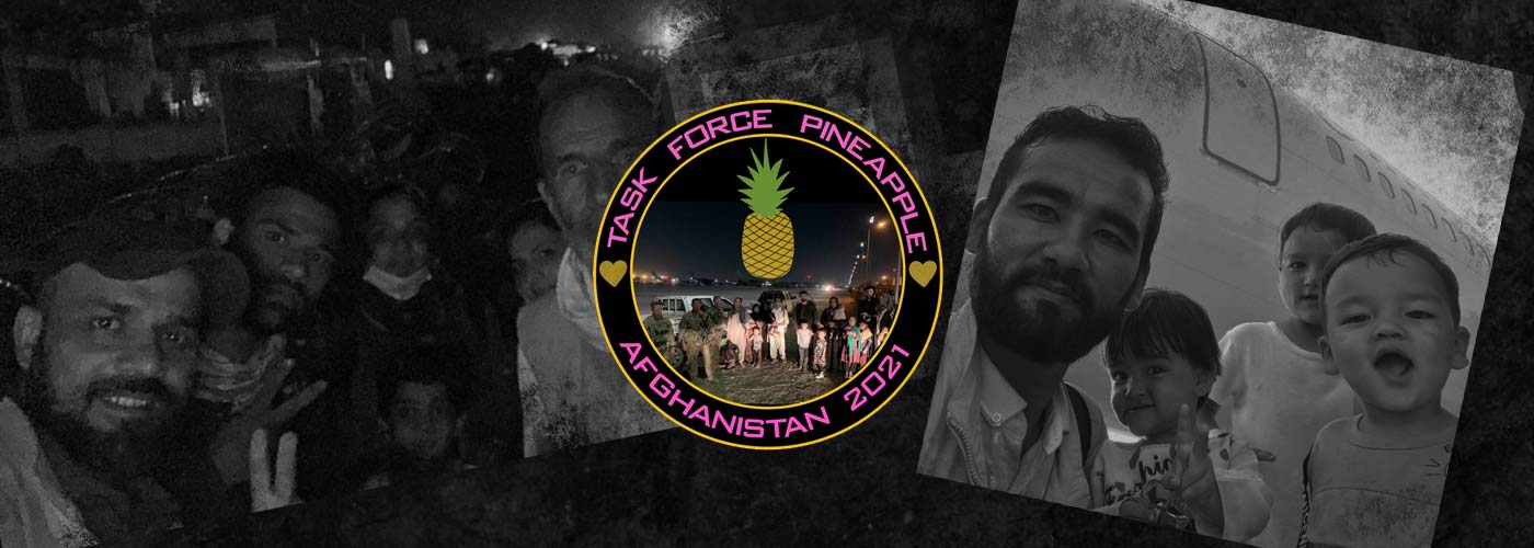 Collage with people at night, Task Force Pineapple logo, and a man posing with children beside an aircraft.