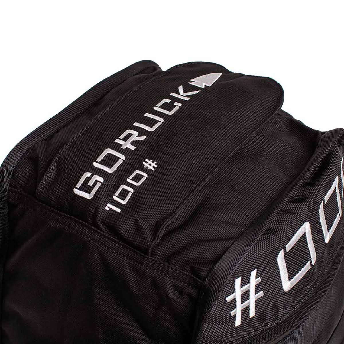 Close-up of a black backpack with white text reading 