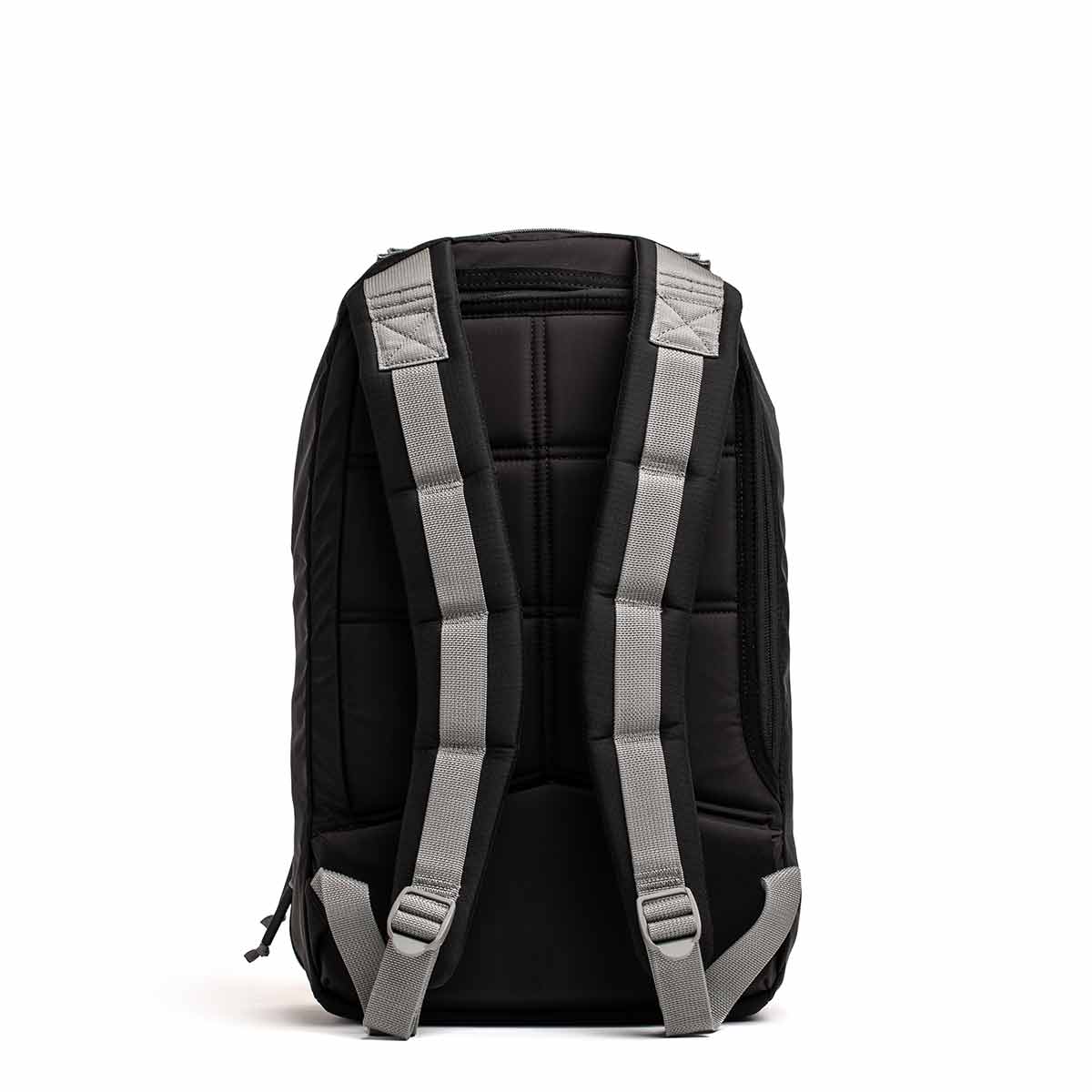 A black backpack with gray padded shoulder straps, shown from the back on a white background.