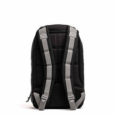 A black backpack with gray padded shoulder straps, shown from the back on a white background.