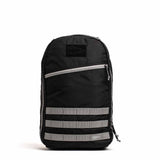 Black backpack with a diagonal front zipper pocket and horizontal gray stripes near the bottom.