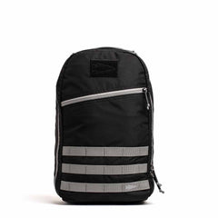 Black backpack with a diagonal front zipper pocket and horizontal gray stripes near the bottom.