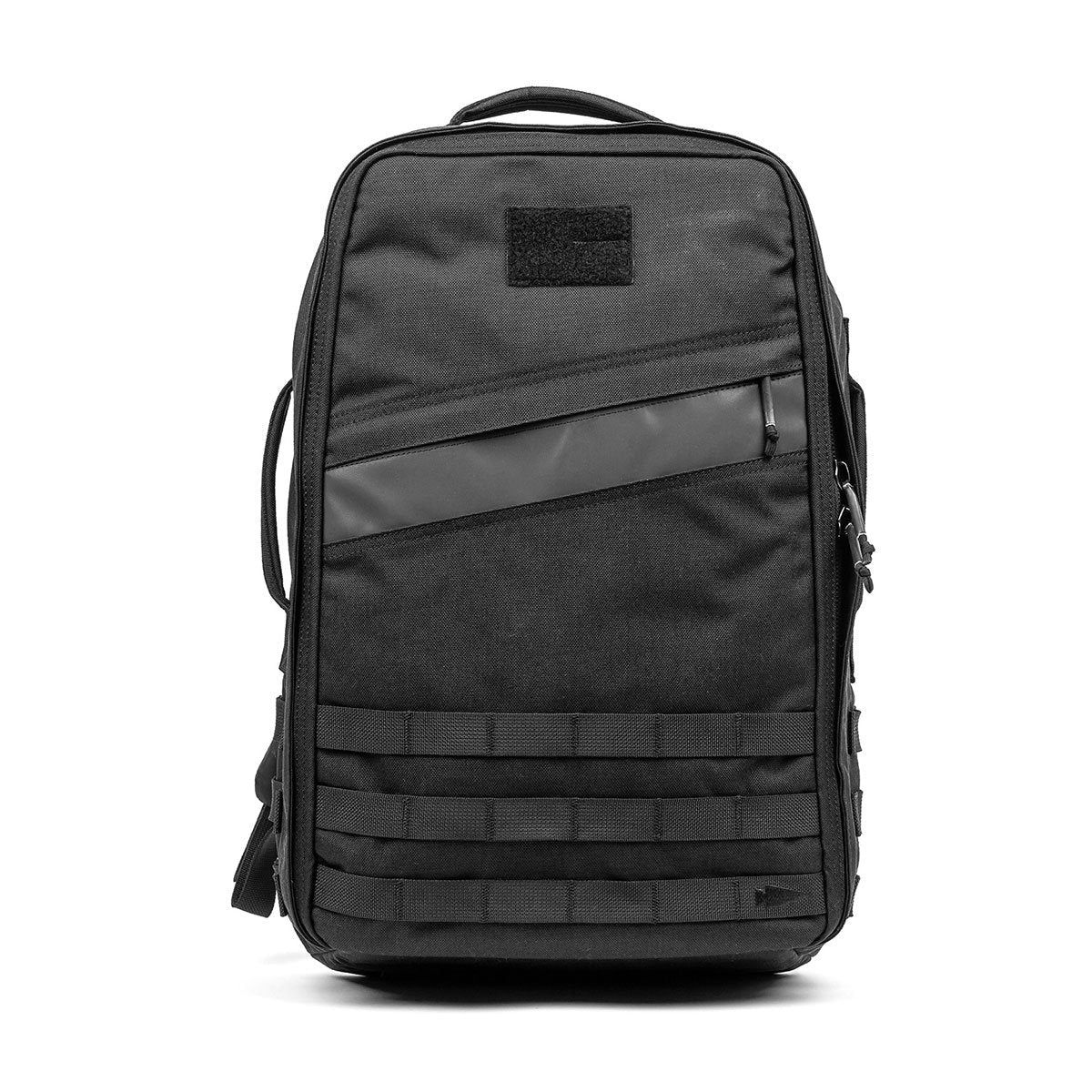 Black tactical backpack with multiple compartments, front zipper pocket, and MOLLE webbing on the bottom.