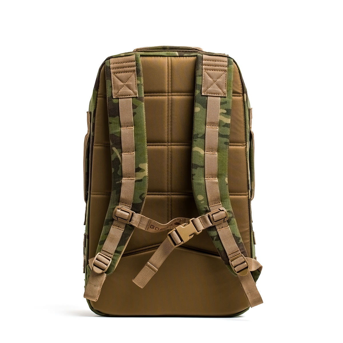 A camouflage-patterned backpack shown from the back with padded straps and a chest buckle.