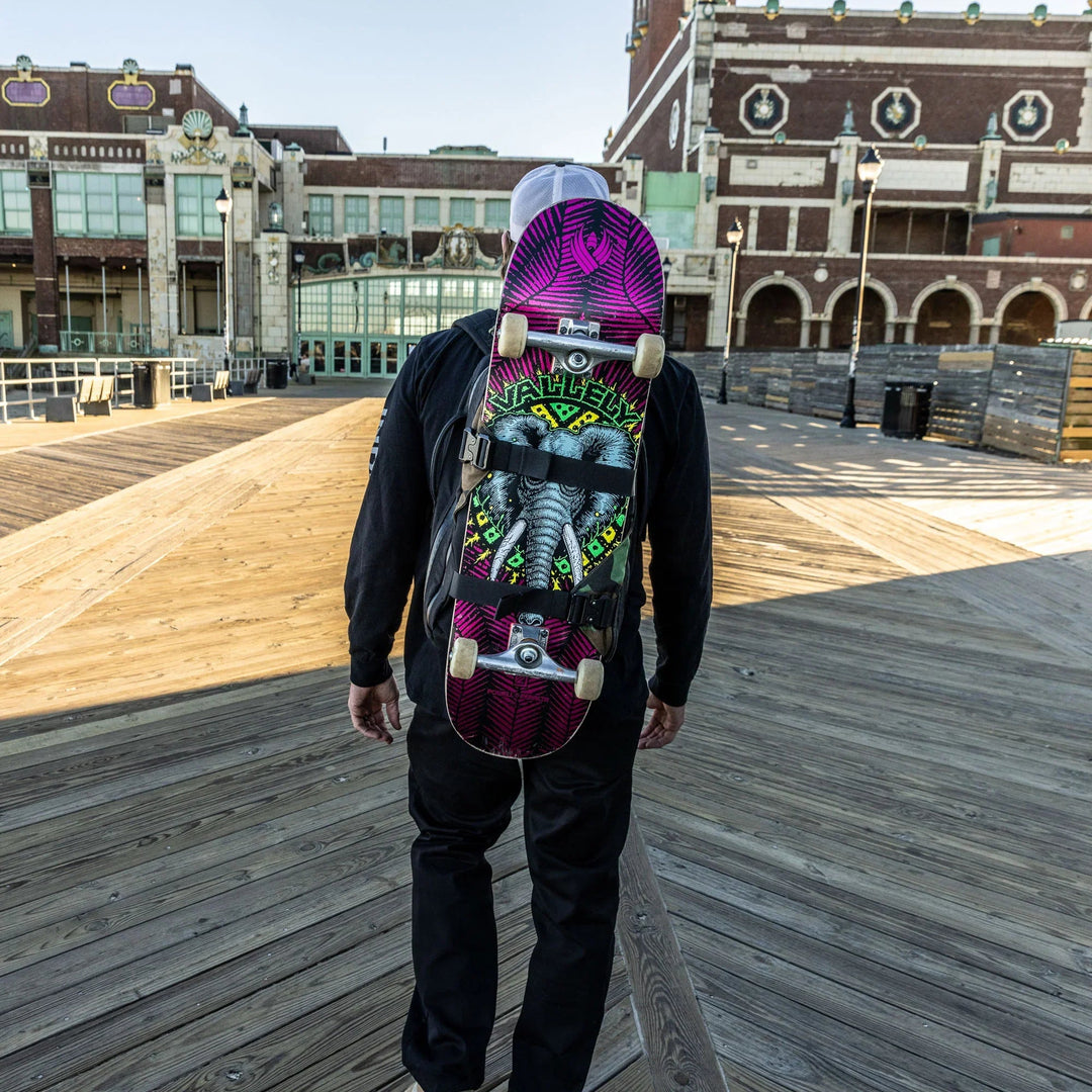 Man wearing GORUCK backpack carrying skateboard on boardwalk near historic building