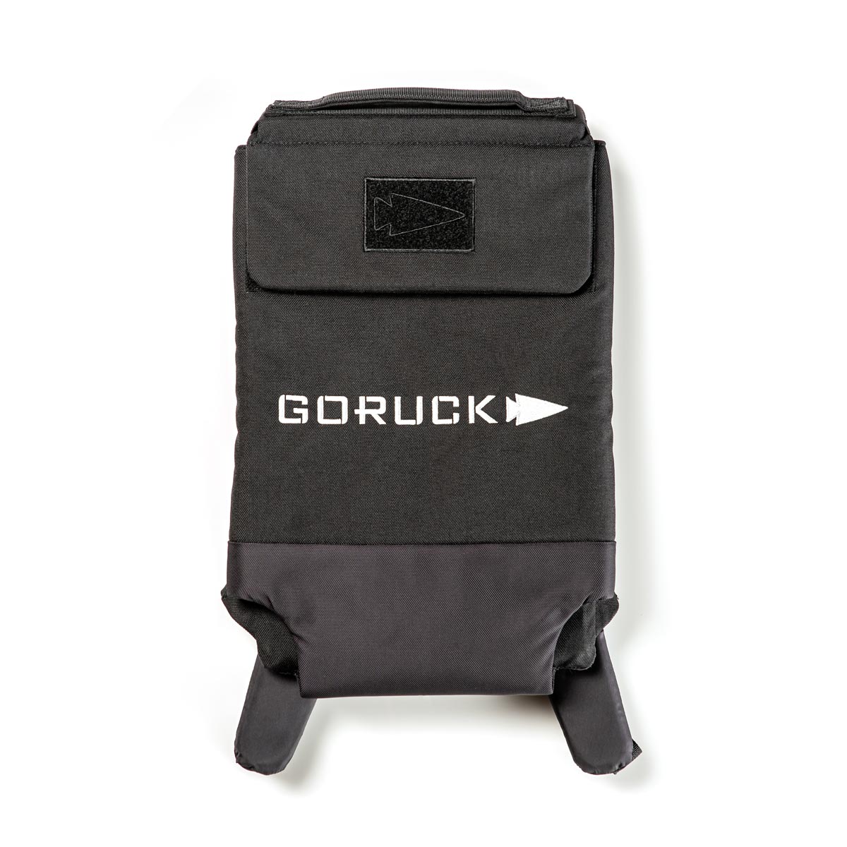 Black GORUCK backpack with white logo and arrow, front view, straps visible at the bottom.
