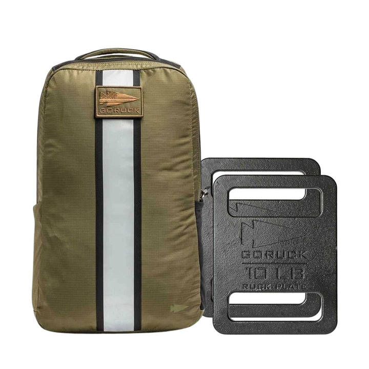 The Basic Rucker Bundle features an olive green backpack with a vertical reflective stripe, perfect for rucking or weighted workouts, shown beside two black metal ruck plates.