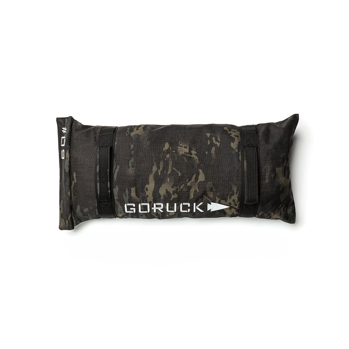 Black GORUCK Simple Training Sandbag with a camo pattern and heavy-duty handles, perfect for your home gym, labeled 