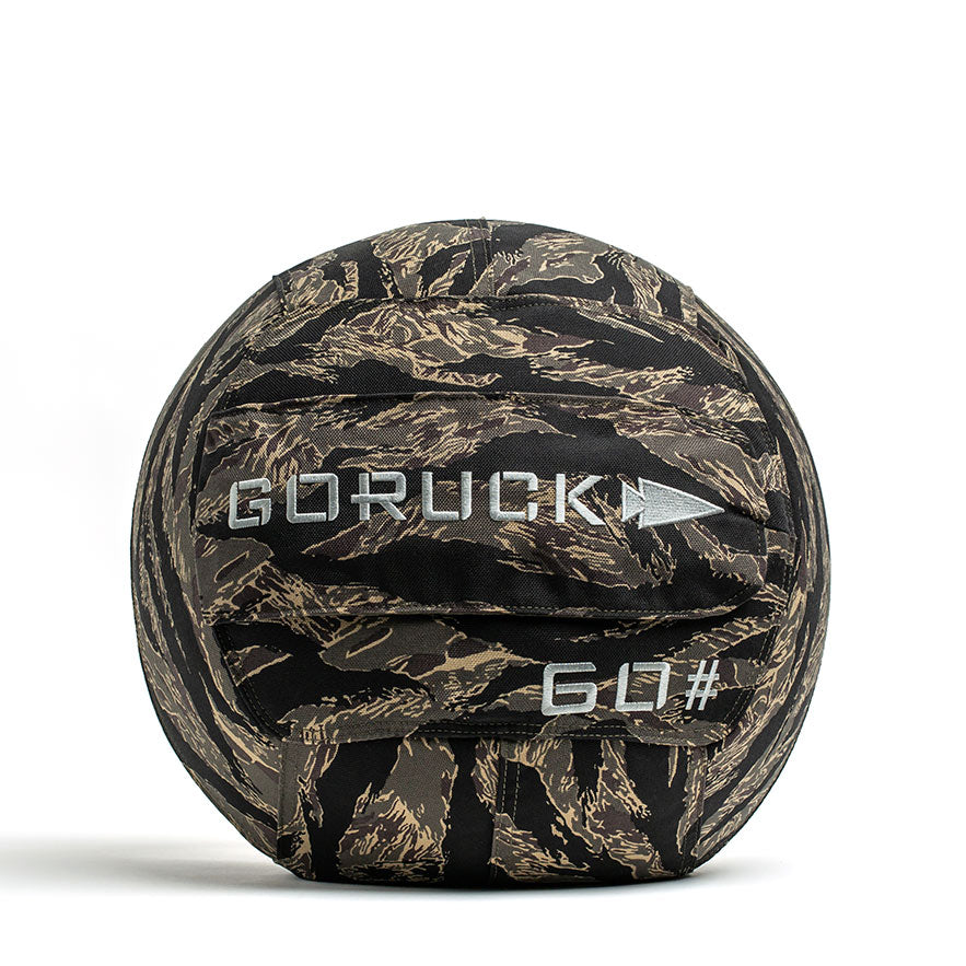 The GORUCK Sand Medicine Ball, featuring a camouflage pattern and white 