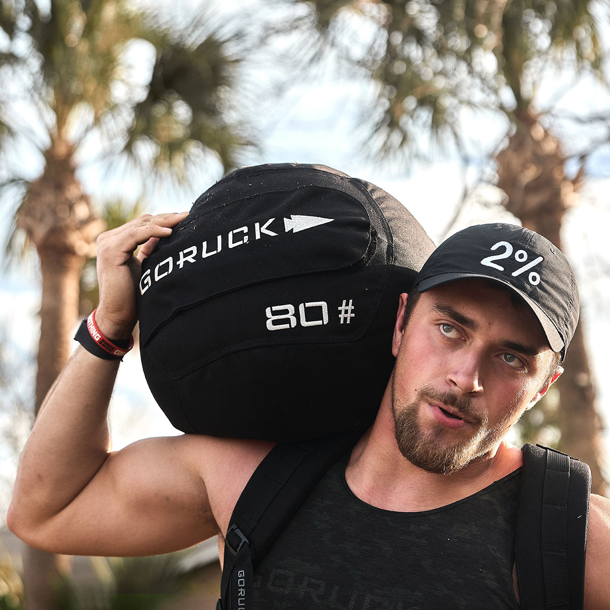 A man holding a GORUCK Sand Medicine Ball over his shoulder, wearing a cap with 