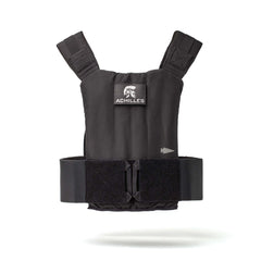 Achilles Vest: Premium black men's vest with "ACHILLES" logo and adjustable shoulder straps, built for rugged performance in any workout. Shown on a white background.