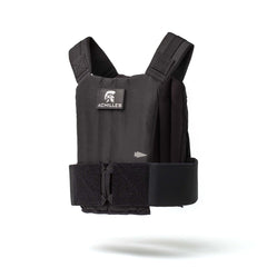 The Achilles Vest is a black premium men's vest with an "ACHILLES" logo and adjustable straps, built for rugged performance and shown on a white background.