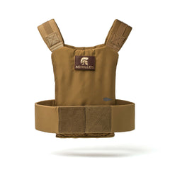 Tan Achilles Vest for men featuring padded shoulder straps and a front patch labeled "Achilles" on a white background.