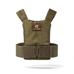 The Achilles Vest is a premium men's olive green vest featuring shoulder straps and an "ACHILLES" chest patch, designed for rugged performance, shown on a white background.