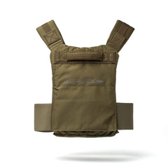 Achilles Vest in olive green with "GORUCK" logo, featuring thick shoulder straps and waistband for rugged performance, displayed on a white background.